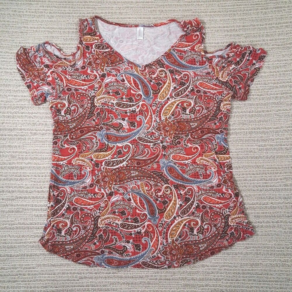 NILOUFO Womens Large Red Paisley Cold Shoulder Short Sleeve V-Neck Shirt Top Tee